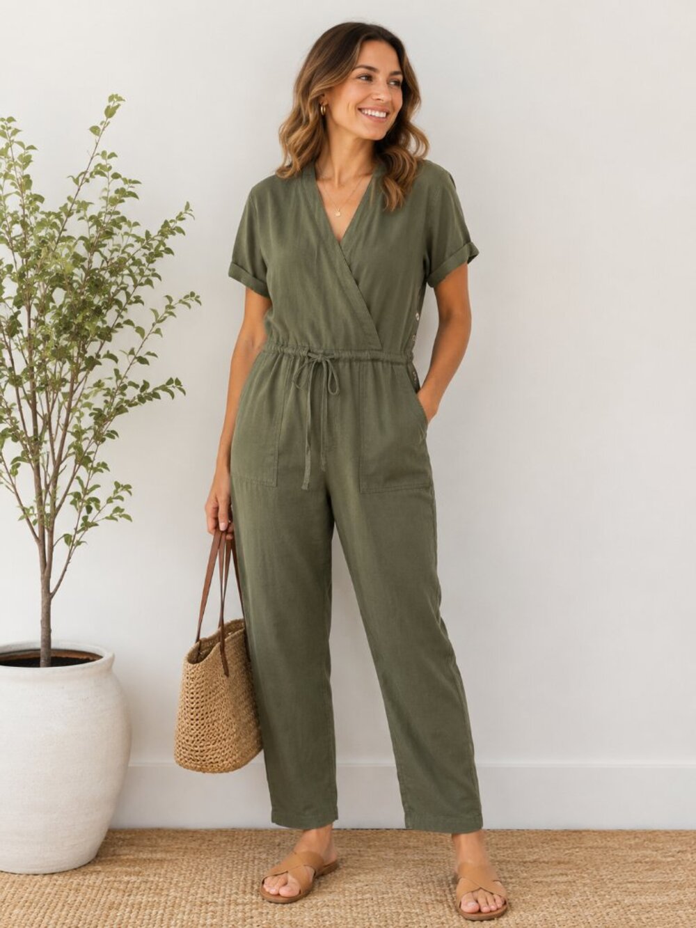 Caslon Linen Blend Utility Jumpsuit Olive Green Wrap Tie Waist Women's L 1246